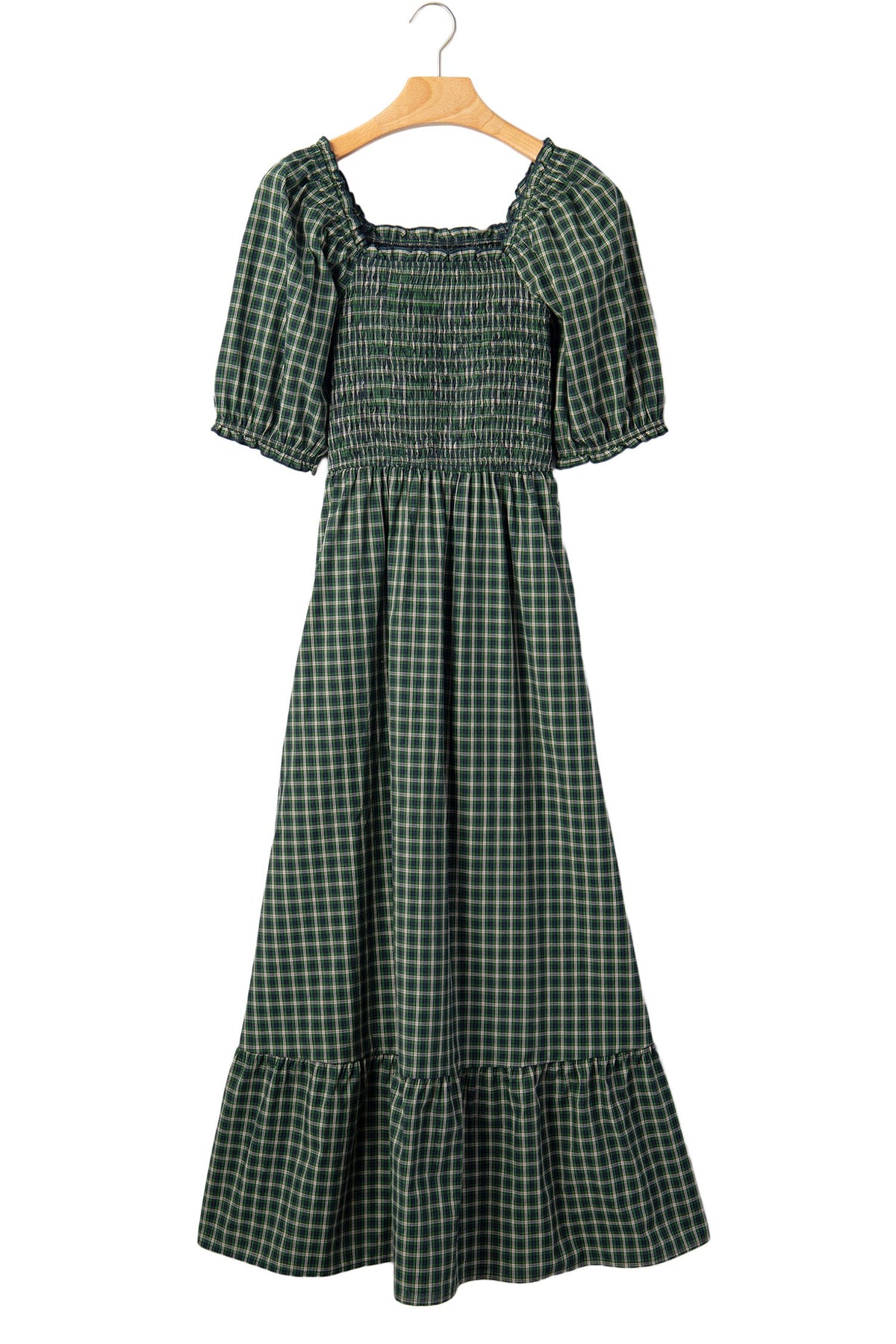 Daisy Plaid Square Neck Shirred High Waist Ruffle Hem Dress
