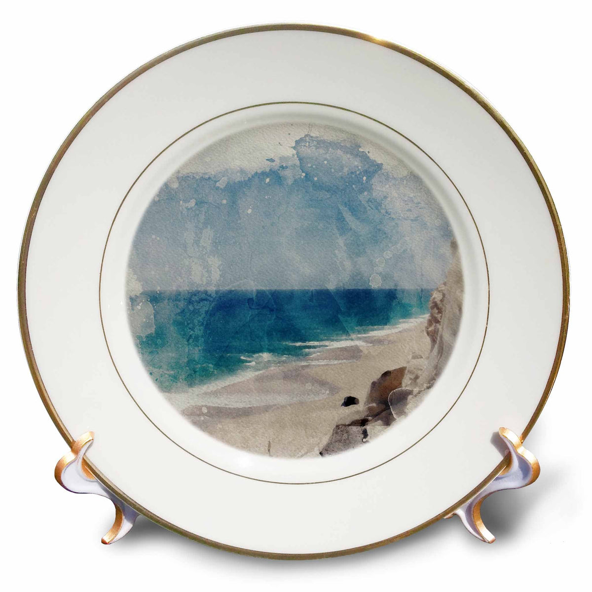 3dRose Image of Watercolor Calm Seaside Beach Art - Plates (cp_328910)