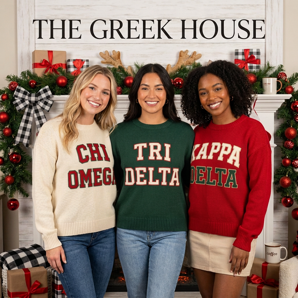 Sorority women wearing Chi Omega, Tri Delta, and Kappa Delta sweaters in a festive Christmas setting