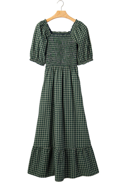 Daisy Plaid Square Neck Shirred High Waist Ruffle Hem Dress