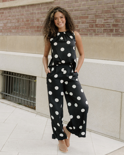 Paris Polka Dot Print Pleated Round Neck Tank Wide Leg Two-Piece Outfit