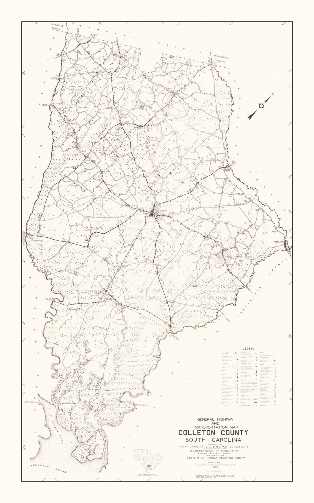 Vintage Map of Colleton County, South Carolina 1938
