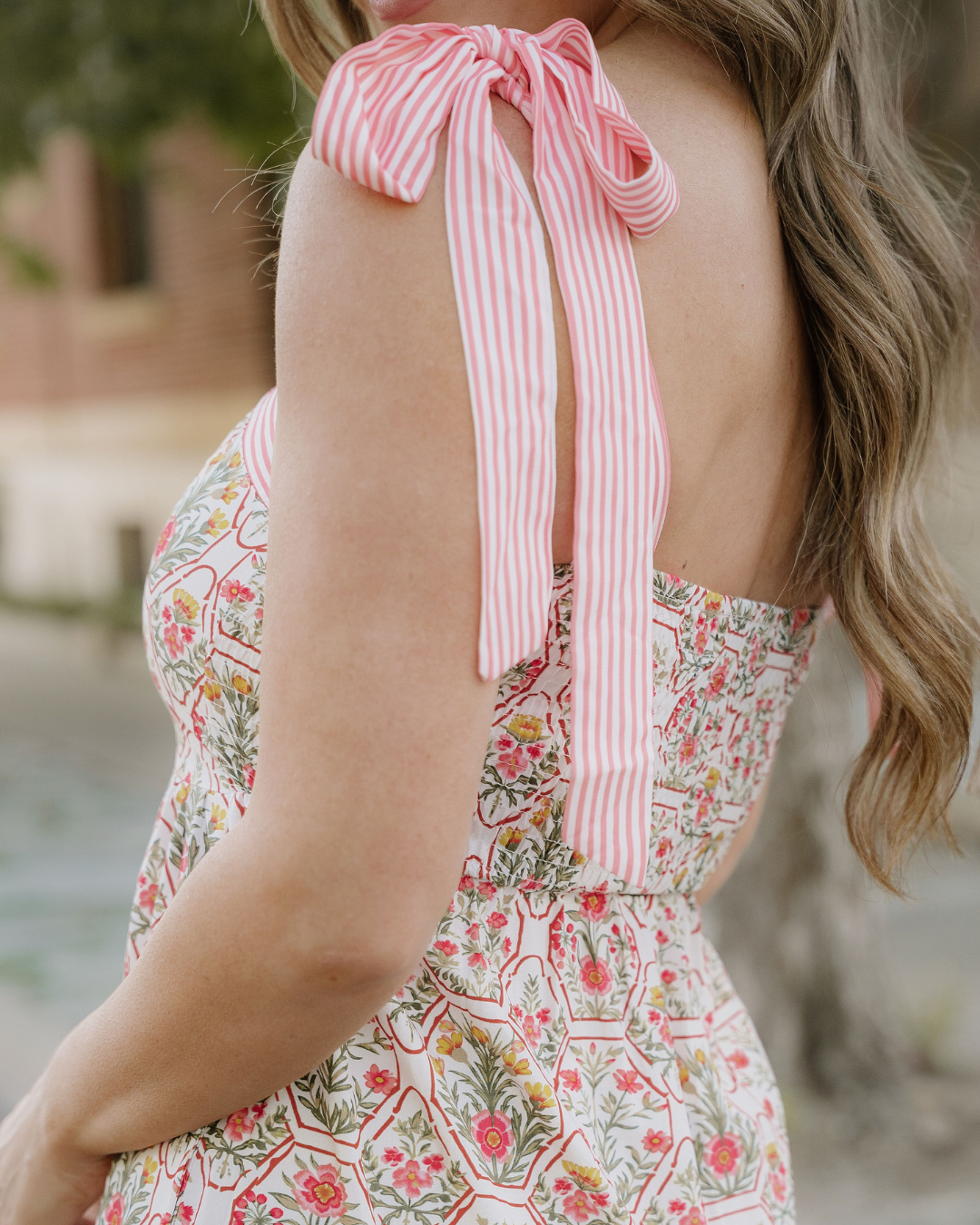 Lily Floral Print Striped Patchwork Detail Sleeveless Dress（Runs Small ）