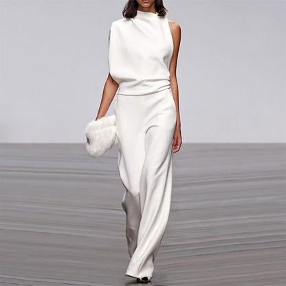 Women Pants Solid Color One Shoulder Pile Collar Jumpsuit Popular Dress Trousers