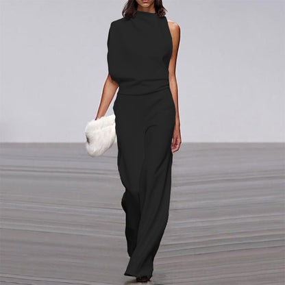 Women Pants Solid Color One Shoulder Pile Collar Jumpsuit Popular Dress Trousers