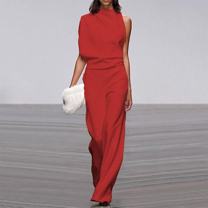 Women Pants Solid Color One Shoulder Pile Collar Jumpsuit Popular Dress Trousers
