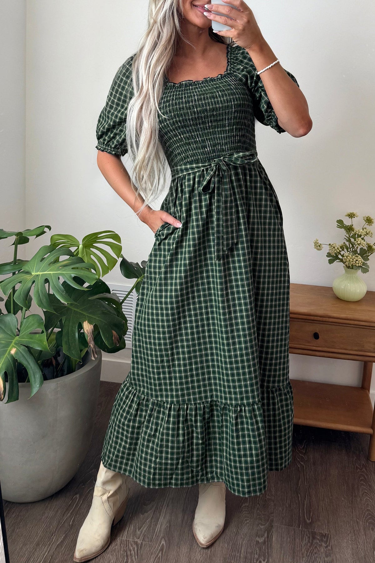 Daisy Plaid Square Neck Shirred High Waist Ruffle Hem Dress