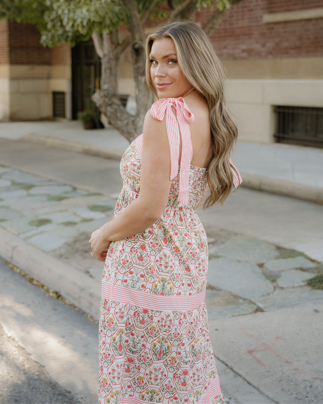Lily Floral Print Striped Patchwork Detail Sleeveless Dress（Runs Small ）