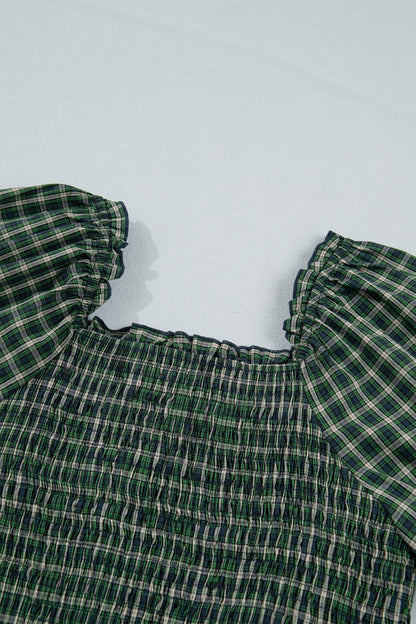 Daisy Plaid Square Neck Shirred High Waist Ruffle Hem Dress
