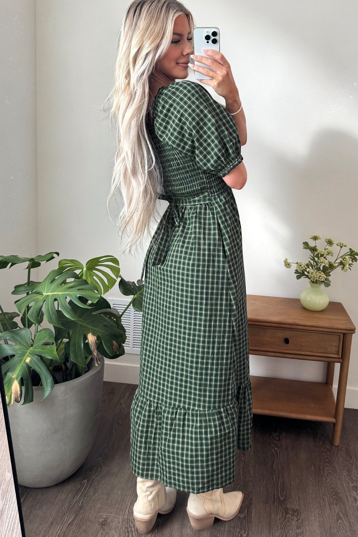 Daisy Plaid Square Neck Shirred High Waist Ruffle Hem Dress