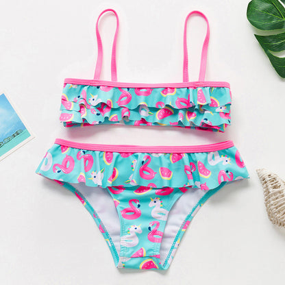 3-16Y Cartoon Two-piece Girls Swimwear Ruffle Swimsuit Bikini Set One Shoulder Beachwear Princess Two Piece