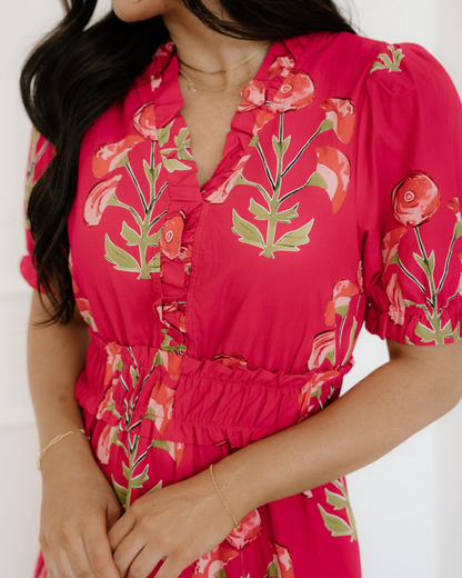 Neve Red Floral Maxi Dress | Ruffle V Neck Dress