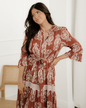 Harmony Floral Print Belted Striped Trim Tiered Maxi Dress