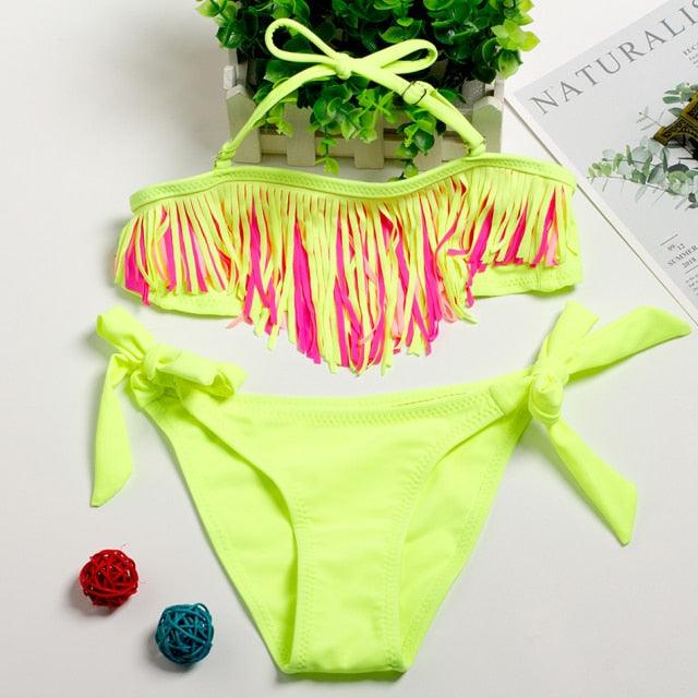 3-16Y Cartoon Two-piece Girls Swimwear Ruffle Swimsuit Bikini Set One Shoulder Beachwear Princess Two Piece