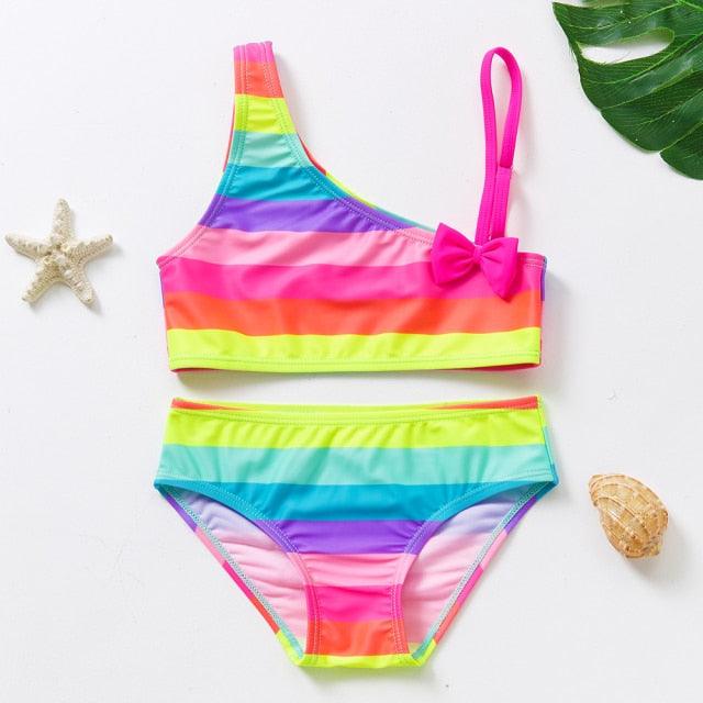 3-16Y Cartoon Two-piece Girls Swimwear Ruffle Swimsuit Bikini Set One Shoulder Beachwear Princess Two Piece