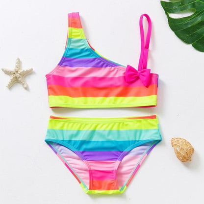 3-16Y Cartoon Two-piece Girls Swimwear Ruffle Swimsuit Bikini Set One Shoulder Beachwear Princess Two Piece