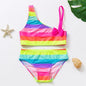 3-16Y Cartoon Two-piece Girls Swimwear Ruffle Swimsuit Bikini Set One Shoulder Beachwear Princess Two Piece