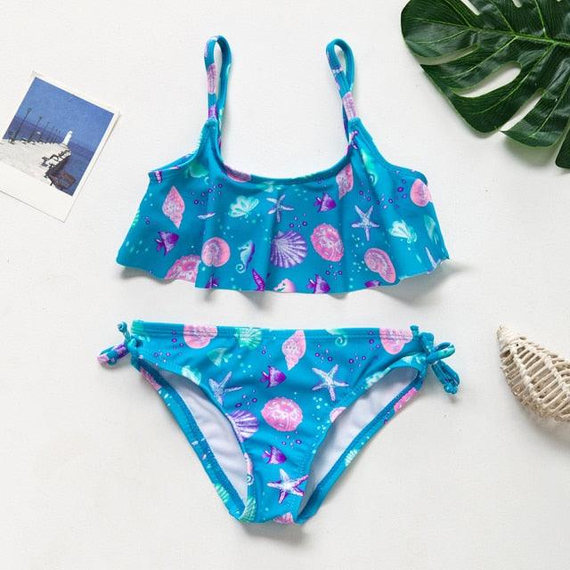 3-16Y Cartoon Two-piece Girls Swimwear Ruffle Swimsuit Bikini Set One Shoulder Beachwear Princess Two Piece