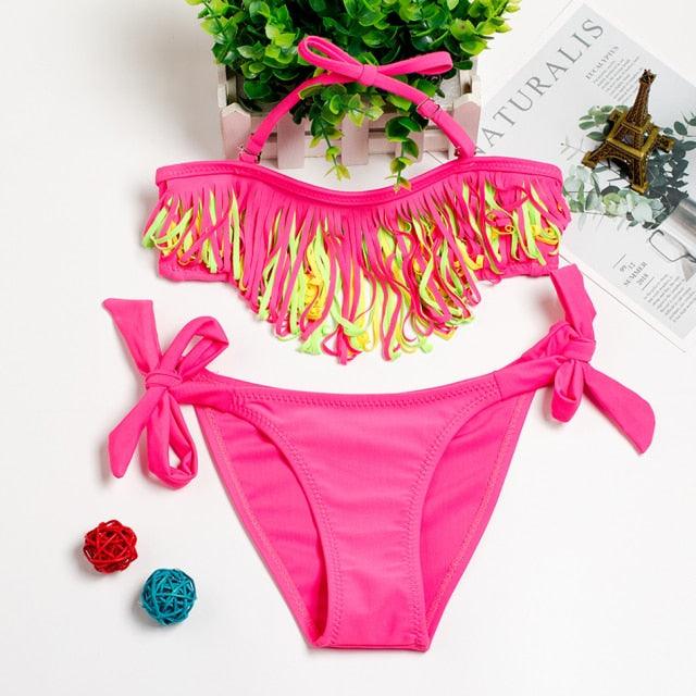 3-16Y Cartoon Two-piece Girls Swimwear Ruffle Swimsuit Bikini Set One Shoulder Beachwear Princess Two Piece