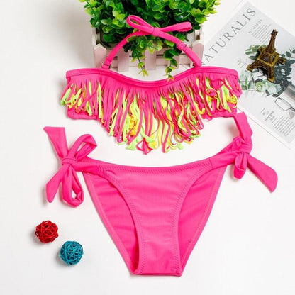 3-16Y Cartoon Two-piece Girls Swimwear Ruffle Swimsuit Bikini Set One Shoulder Beachwear Princess Two Piece