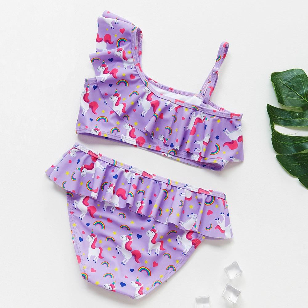 3-16Y Cartoon Two-piece Girls Swimwear Ruffle Swimsuit Bikini Set One Shoulder Beachwear Princess Two Piece