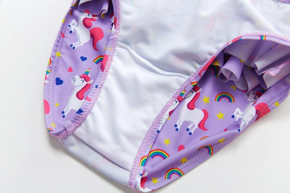 3-16Y Cartoon Two-piece Girls Swimwear Ruffle Swimsuit Bikini Set One Shoulder Beachwear Princess Two Piece