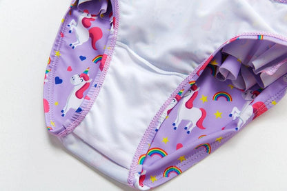 3-16Y Cartoon Two-piece Girls Swimwear Ruffle Swimsuit Bikini Set One Shoulder Beachwear Princess Two Piece
