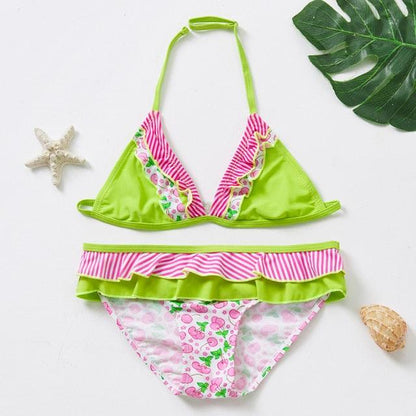 3-16Y Cartoon Two-piece Girls Swimwear Ruffle Swimsuit Bikini Set One Shoulder Beachwear Princess Two Piece