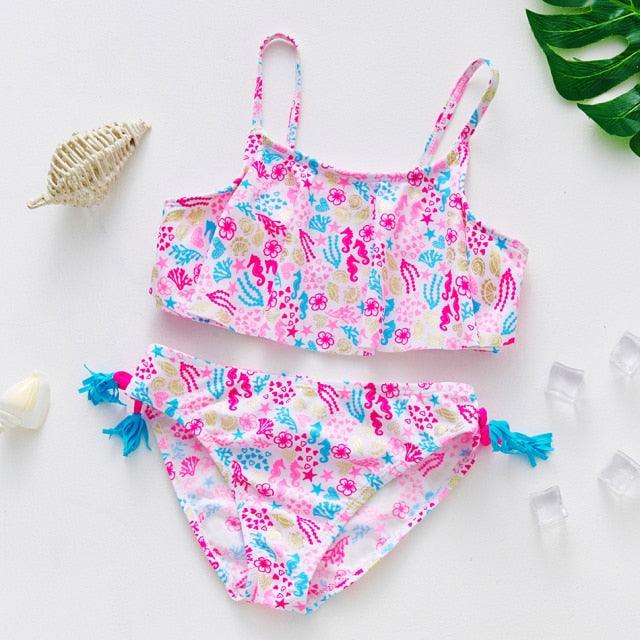 3-16Y Cartoon Two-piece Girls Swimwear Ruffle Swimsuit Bikini Set One Shoulder Beachwear Princess Two Piece