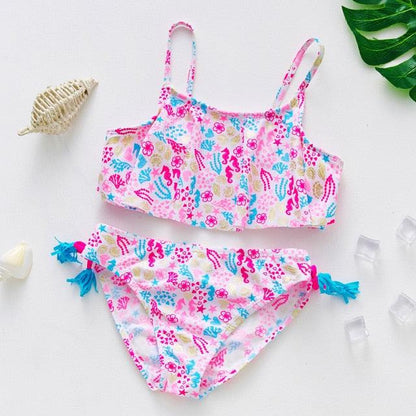 3-16Y Cartoon Two-piece Girls Swimwear Ruffle Swimsuit Bikini Set One Shoulder Beachwear Princess Two Piece
