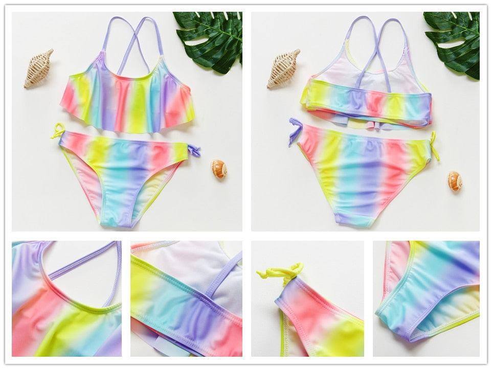 3-16Y Cartoon Two-piece Girls Swimwear Ruffle Swimsuit Bikini Set One Shoulder Beachwear Princess Two Piece