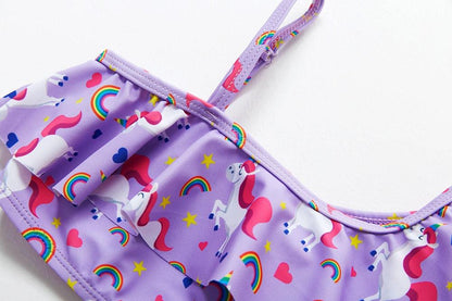 3-16Y Cartoon Two-piece Girls Swimwear Ruffle Swimsuit Bikini Set One Shoulder Beachwear Princess Two Piece