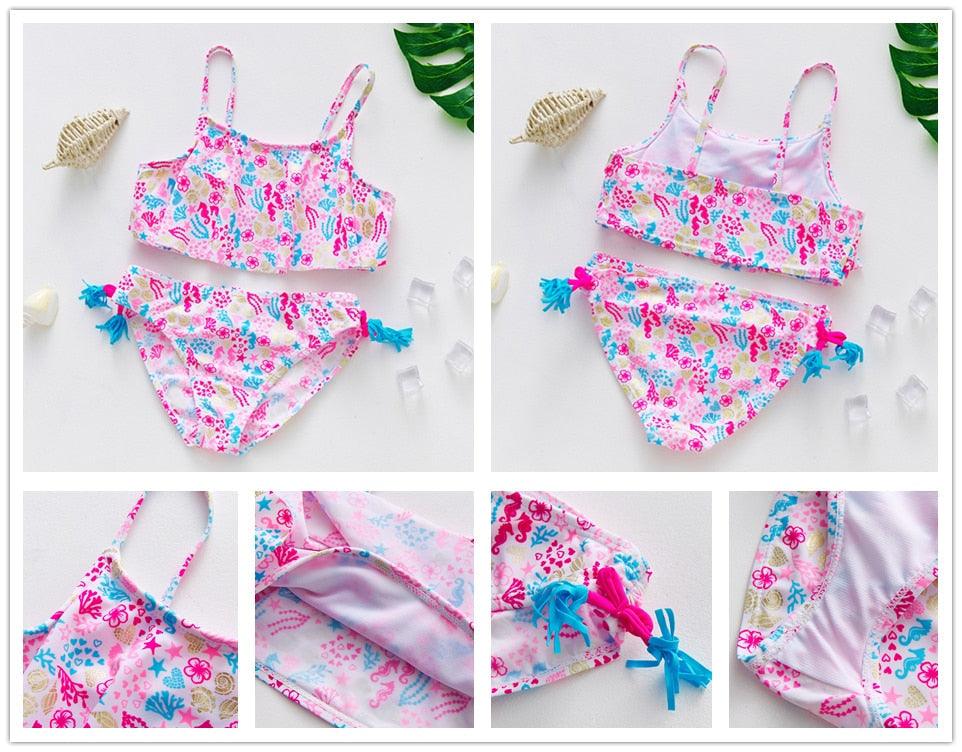 3-16Y Cartoon Two-piece Girls Swimwear Ruffle Swimsuit Bikini Set One Shoulder Beachwear Princess Two Piece
