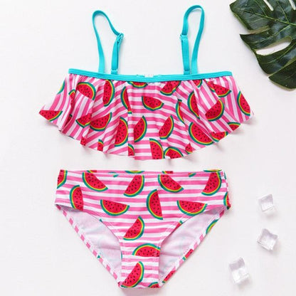3-16Y Cartoon Two-piece Girls Swimwear Ruffle Swimsuit Bikini Set One Shoulder Beachwear Princess Two Piece