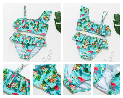 3-16Y Cartoon Two-piece Girls Swimwear Ruffle Swimsuit Bikini Set One Shoulder Beachwear Princess Two Piece