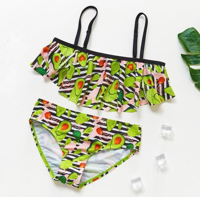 3-16Y Cartoon Two-piece Girls Swimwear Ruffle Swimsuit Bikini Set One Shoulder Beachwear Princess Two Piece
