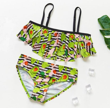 3-16Y Cartoon Two-piece Girls Swimwear Ruffle Swimsuit Bikini Set One Shoulder Beachwear Princess Two Piece