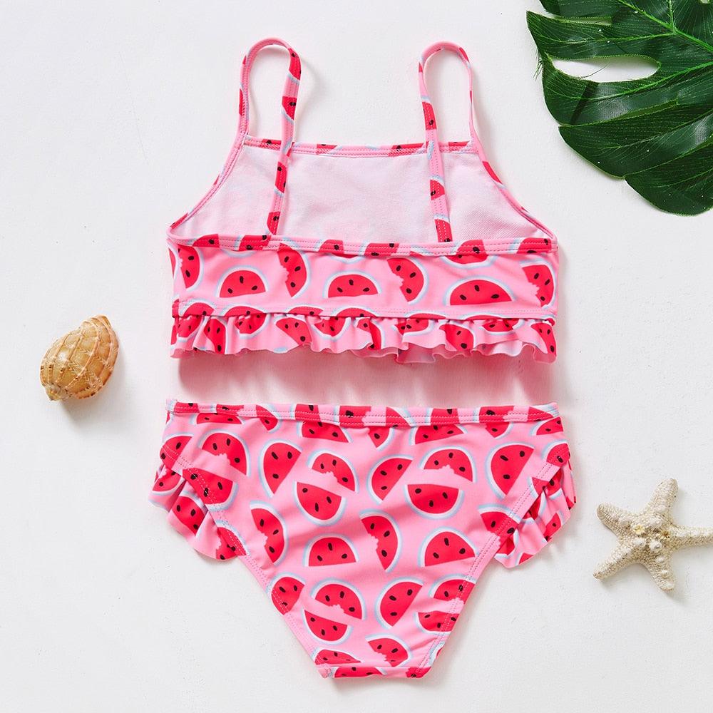 3-16Y Cartoon Two-piece Girls Swimwear Ruffle Swimsuit Bikini Set One Shoulder Beachwear Princess Two Piece