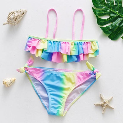 3-16Y Cartoon Two-piece Girls Swimwear Ruffle Swimsuit Bikini Set One Shoulder Beachwear Princess Two Piece
