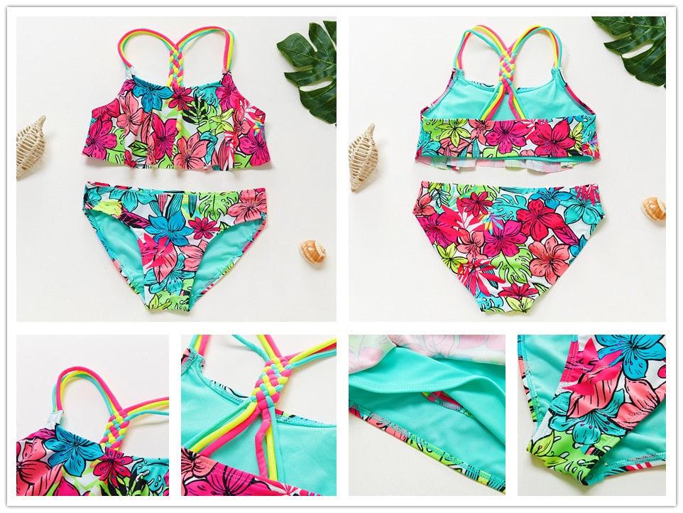 3-16Y Cartoon Two-piece Girls Swimwear Ruffle Swimsuit Bikini Set One Shoulder Beachwear Princess Two Piece