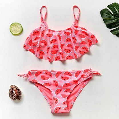 3-16Y Cartoon Two-piece Girls Swimwear Ruffle Swimsuit Bikini Set One Shoulder Beachwear Princess Two Piece