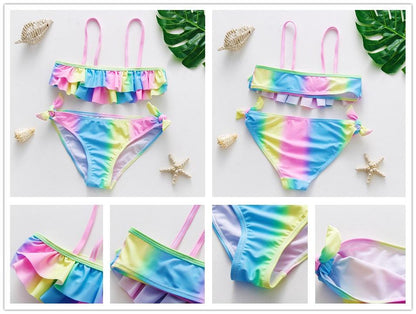 3-16Y Cartoon Two-piece Girls Swimwear Ruffle Swimsuit Bikini Set One Shoulder Beachwear Princess Two Piece