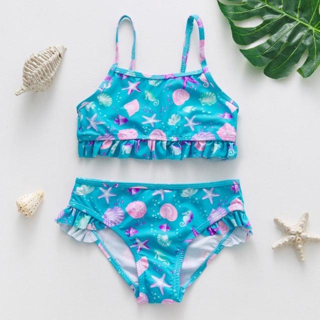 3-16Y Cartoon Two-piece Girls Swimwear Ruffle Swimsuit Bikini Set One Shoulder Beachwear Princess Two Piece