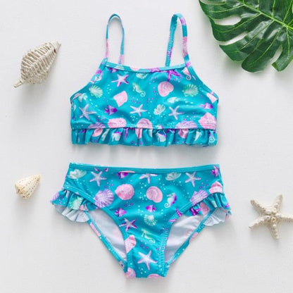 3-16Y Cartoon Two-piece Girls Swimwear Ruffle Swimsuit Bikini Set One Shoulder Beachwear Princess Two Piece