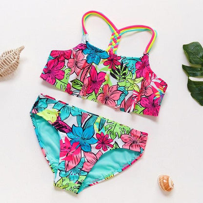 3-16Y Cartoon Two-piece Girls Swimwear Ruffle Swimsuit Bikini Set One Shoulder Beachwear Princess Two Piece