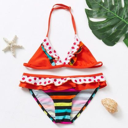3-16Y Cartoon Two-piece Girls Swimwear Ruffle Swimsuit Bikini Set One Shoulder Beachwear Princess Two Piece