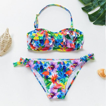 3-16Y Cartoon Two-piece Girls Swimwear Ruffle Swimsuit Bikini Set One Shoulder Beachwear Princess Two Piece