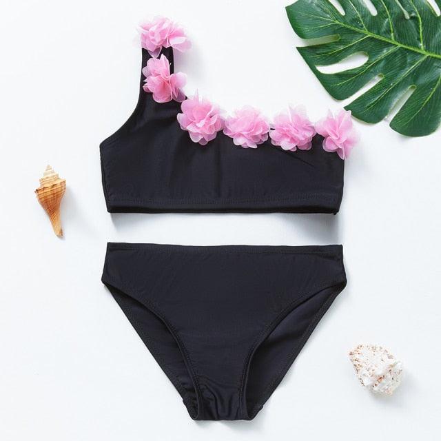 3-16Y Cartoon Two-piece Girls Swimwear Ruffle Swimsuit Bikini Set One Shoulder Beachwear Princess Two Piece