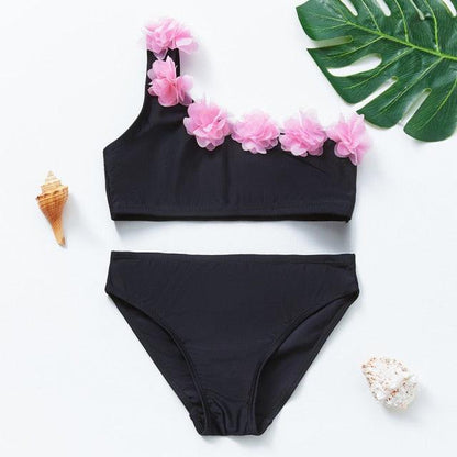 3-16Y Cartoon Two-piece Girls Swimwear Ruffle Swimsuit Bikini Set One Shoulder Beachwear Princess Two Piece