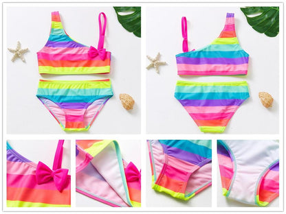 3-16Y Cartoon Two-piece Girls Swimwear Ruffle Swimsuit Bikini Set One Shoulder Beachwear Princess Two Piece